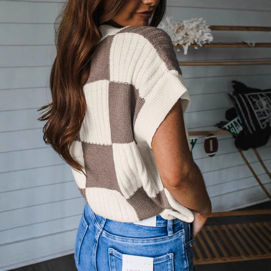 Amelith Plaid Contrast Color Loose Knit Short Sleeve