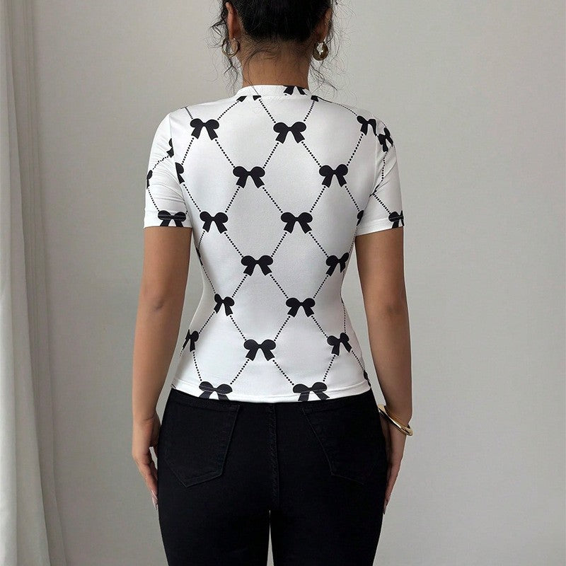 Aurielleon Slim Fit Milk Silk Stretch Tee with Bow Accent