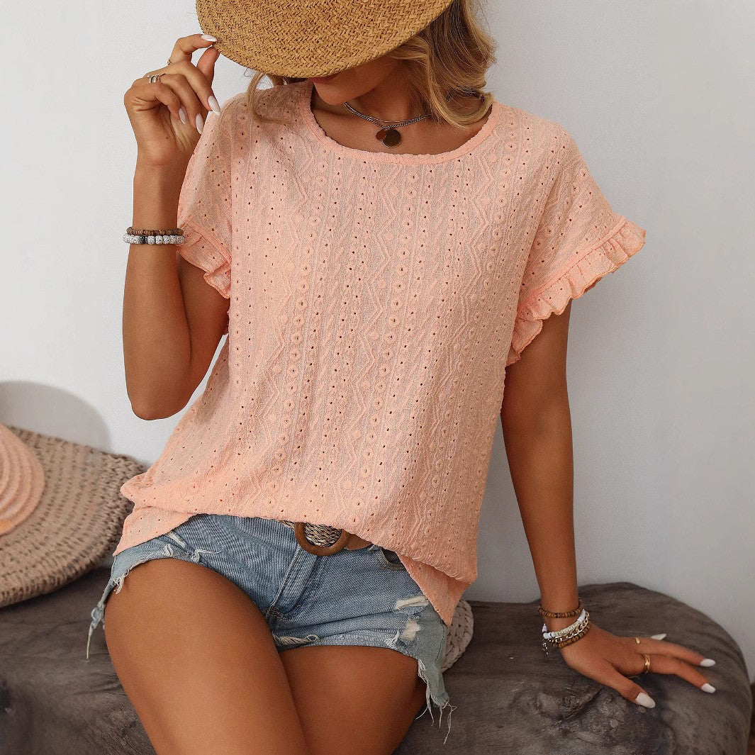 Auriselle Sweet Macaron Petal Sleeve Hollow Knit Tee