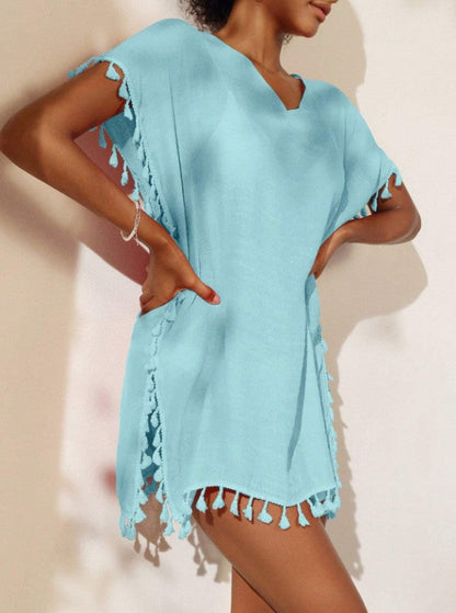 Lirayne Casual V-Neck Tassel Short Sleeve Top