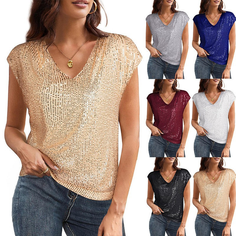 Myralyn V-Neck Sequin Batwing Sleeve Top