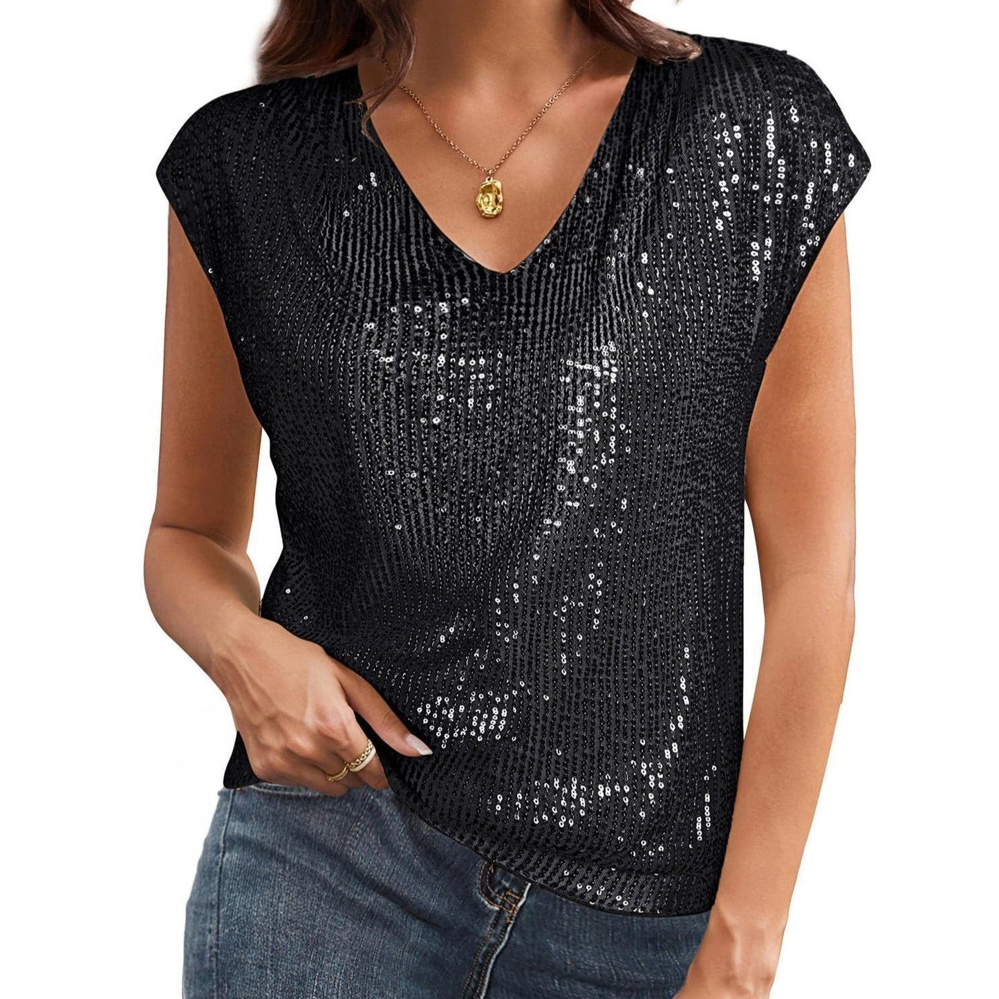Myralyn V-Neck Sequin Batwing Sleeve Top