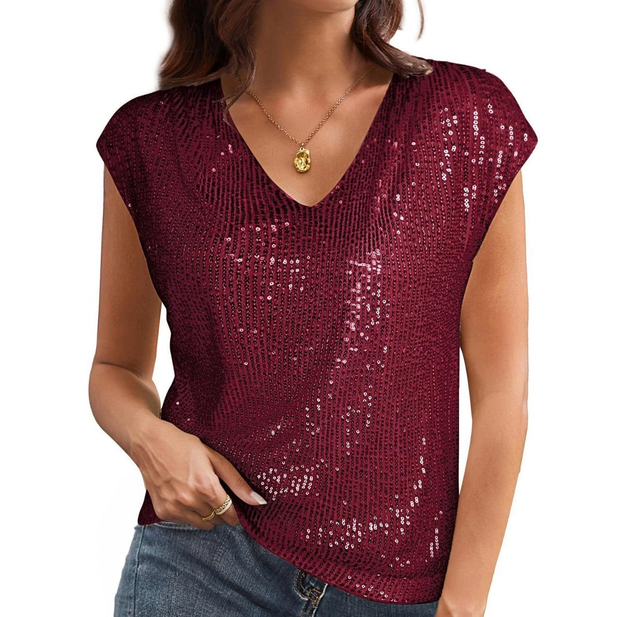 Myralyn V-Neck Sequin Batwing Sleeve Top