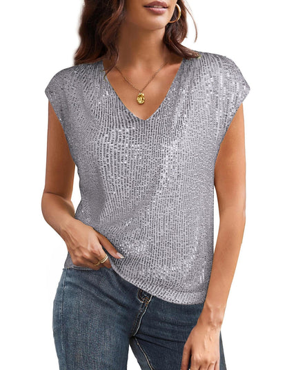 Myralyn V-Neck Sequin Batwing Sleeve Top