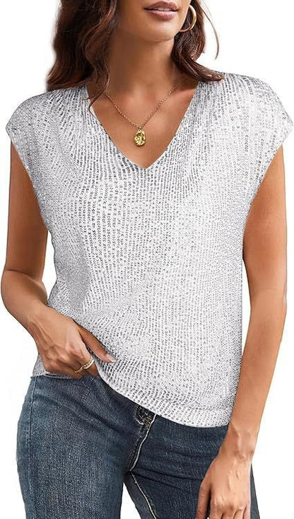 Myralyn V-Neck Sequin Batwing Sleeve Top