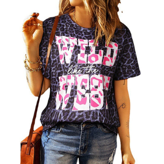 Ysolvanna Loose Fit Leopard Print Round Neck T-Shirt